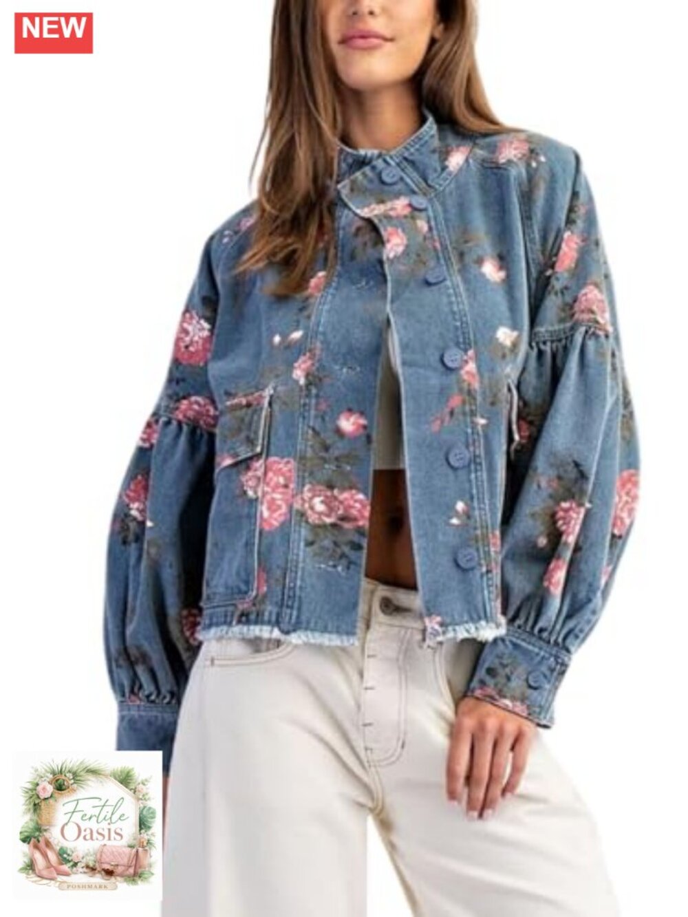Women Denim Bomber Jacket Balloon Sleeve Twill Coat Drawstring Waist